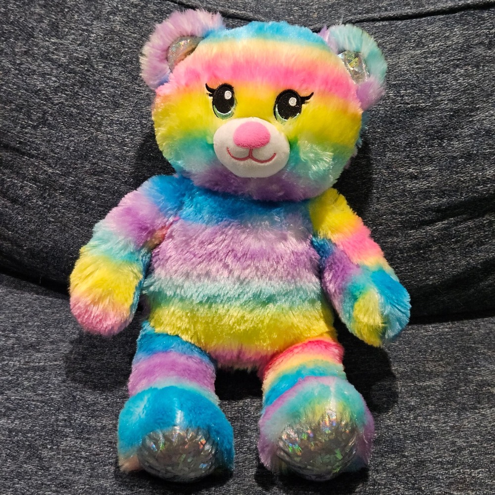 Build-A-Bear Rainbow Striped Teddy Bear Plush Holographic Paws 16 inch 2021
